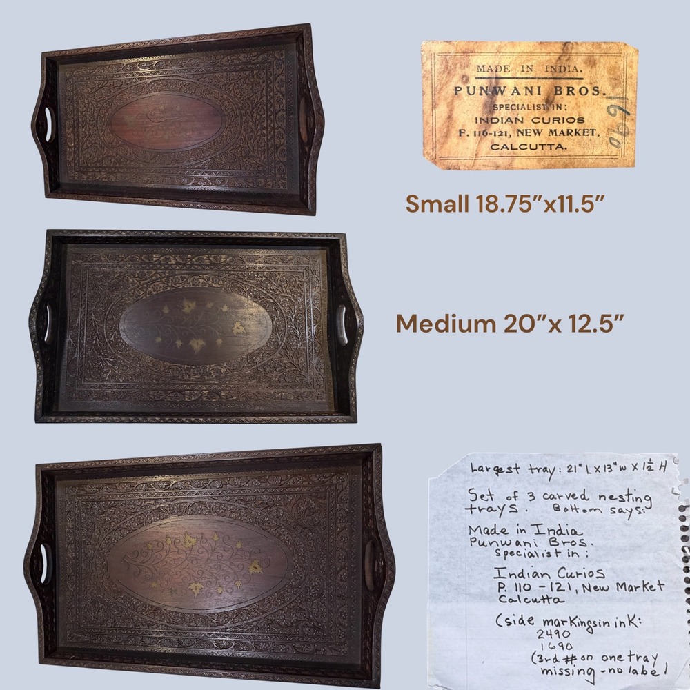 Punwani Bros Nesting Trays Set of 3 Brown Carved Wood Brass Inlay India Vintage